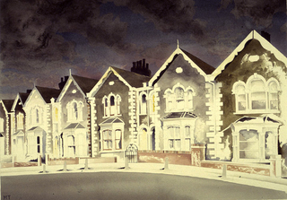 Lurid Sky behind the Bargeboard Houses  Watercolour  47 x 67 cm SOLD