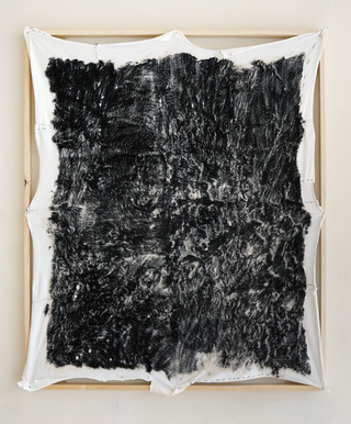 ぼくらの毛のもの(陰干し）, "Fur of ours(dried in shade)", mixed media (fake fur, acrylic, thread on cotton canvas,), 120 x 102cm, 2018.