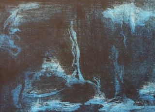 Sans titre, pointe sèche sur cuivre, Aquawash mélange noir RSR et bleu en surimpression, sur papier Hahnemühle, plaque 10x16, EU, 2023