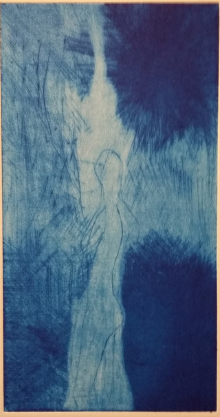 Statue de sel, pointe sèche manière noire sur cuivre, Aquawash bleu sur papier Hahnemühle, 7,5x14, tirage 2023