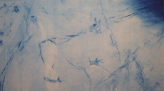 Lullaby, pointe sèche sur acier, Aquawash bleu sur papier Hahnemühle, 30x45, 2023